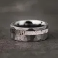 Premium faceted stainless steel band ring featuring a unique rustic wood grain inlay - 7 / Wood Grain Double Groove Style / Silver
