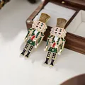 Exquisite nutcracker soldier drop earrings with pearls and colorful crystals finish - Green and Black with Artificial Pearl (E32258-1)