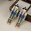 Elegant Nutcracker soldier drop earrings with blue enamel and colorful sparkling crystals - Blue and Black Rhinestone Style (E32225-1)