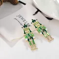 Whimsical green nutcracker soldier drop earrings featuring crystals and white pearls - Emerald Green Rhinestone and Artificial Pearl Style (E31102-4)