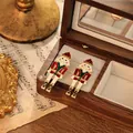 Creative Nutcracker soldier earrings with colorful enamel finish in wooden jewelry box - Red Green Black and Gold Style (E31947)
