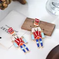Fashionable nutcracker soldier drop earrings with colorful enamel and shiny crystals - Red and Blue Rhinestone Style (E32041-1)