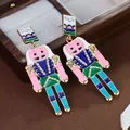 Colorful enamel Nutcracker soldier drop earrings decorated with sparkling rhinestones - Pink Green and Blue Enamel Style (E32041-2)