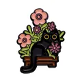 Cute black cat enamel pin with pink flowers and green leaves in creative cartoon design - Black Cat In Flower Pot