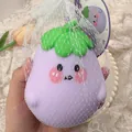 Vue détaillée d'un mignon jouet anti-stress aubergine dans son emballage en filet blanc. - Aubergine à Expression de Dessin Animé / Violet