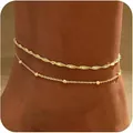 Vue détaillée d'une chevillère double épaisseur plaquée or avec chaîne torsadée et perles - Style de Perle de Vague Double Couche (Style 2) / Or
