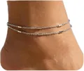 Nahaufnahme eines modischen zweireihigen silbernen Fußkettchens mit feinen Stäbchen - Silber Doppelschicht-Balken-Stil (Stil 6) / Silber