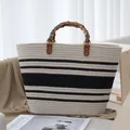 Bolso de playa de rayas tejidas a mano con asa de bambú natural. - 28*11*28 / Gris-Blanco y Negro