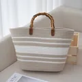 Bolso tote artesanal de tejido a mano con rayas blancas y asas de bambú natural - 28*11*28 / Gris-Blanco y Blanco