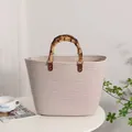 Bolso capazo de playa de cuerda de algodón trenzado con asas de bambú natural para mujer - 28*11*28 / Blanco Roto