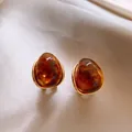 Vintage amber resin geometric stud earrings with elegant golden metal finish for women - 42# Silver Earring Post - Gold - Brown - Pebble Resin Style