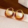 Elegant vintage amber brown resin hoop earrings with polished gold-toned metal accents - Tortoise Color Gold Hoops (41#)