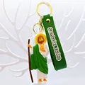 Detailed close-up view of Saint Jude Thaddeus cartoon silicone keychain with green strap - San Judas Tadeo (Style 2)