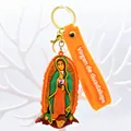 Detailed rubber keychain featuring the Virgin of Guadalupe with a vibrant orange strap. - Virgen de Guadalupe (Style 1)