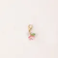 Miniature pink flower pendant with green leaf and golden lobster clasp for keychains - Flower Pendant / Rose Red