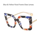 Fashionable oversized square floral glasses frame with elegant gold temples for women - Blue Yellow Floral Frame Clear Lens