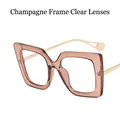 Chic oversized champagne square glasses frame with clear lenses for women's fashion - Champagne Frame Transparent Lens
