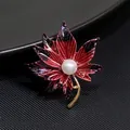 Elegant red maple leaf brooch pin featuring a central white pearl and gold stem - Red Maple Leaf Style (XZ098)