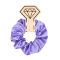 Close-up detail of a purple satin scrunchie presented on a diamond-shaped paper card tag - #185 - Purple (satin Miniature)