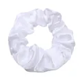Detail view of a white satin scrunchie featuring a smooth and glossy silk-like texture. - #05-white