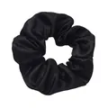 Detailed view of a solid black satin scrunchie hair tie with glossy finish texture - #69-black