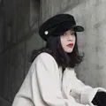 Stylish black military cap with leather brim for women, retro British style. - Octagonal/leather Brim With Rope - Black / Adjustable