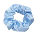 Detail view of a light blue satin hair scrunchie with a glossy silk finish texture - #77 - Sky Blue