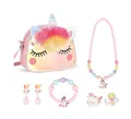 Conjunto de accesorios de unicornio rosa para niños con bolso de TPU y joyas de cuentas - Bolso de Hombro Collar Pulsera Pendientes Anillos (Juego TPU Pompon)