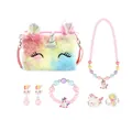 Vista detallada del bolso de peluche unicornio arcoíris con accesorios a juego - Bolso de Hombro Collar Pulsera Pendientes Anillos (Juego Bolso Peluche)