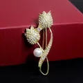 Elegant gold tulip brooch featuring sparkling clear rhinestones and a large white pearl - Gold Tulip Style (XZ214 Gold)