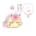 Conjunto de bolso bandolera de unicornio para niñas con collar de perlas y anillos - Bolso de Hombro Collar Pulsera Pendientes Anillos Gomas de Pelo (Juego TPU Pompon)