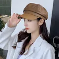 Stylish brown retro baker boy cap for women with faux leather brim and textured stitching - Octagonal/pu Smooth Board - Coffee / Adjustable