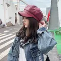Vintage burgundy leather octagonal newsboy cap for women in classic British style - Octagonal/pu Smooth Board - Wine Red / Adjustable