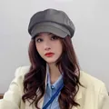 Women's British style retro newsboy cap with leather brim and cotton linen fabric - Octagonal/pu Smooth Board - Gray / Adjustable