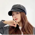 Fashionable women's black leather beret hat with a vintage British newsboy cap design - Octagonal/pu Smooth Board - Black / Adjustable