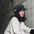 Black cotton-linen newsboy hat with leather brim and decorative button for women - Octagonal/leather Brim With Rope - Gray / Adjustable