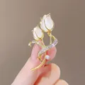 Elegant golden tulip brooch featuring white opal-like stones and sparkling rhinestones for women. - Tulip Style (XZ260)