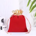 Luxurious red velvet drawstring jewelry pouch with metallic gold decorative trim - Gold Trim Drawstring Bag / 12*15cm / Red