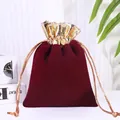 Burgundy velvet drawstring gift bag with gold metallic ruffle trim - Gold Trim Drawstring Bag / 8*10cm / Burgundy