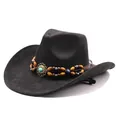 Detailed view of a vintage suede cowboy hat with an ethnic beaded decorative band. - Black (1 Suede Style) / M (56-58cm)