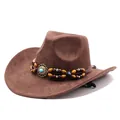 Detailed view of a brown suede cowboy hat featuring a turquoise beaded band accessory. - Coffee Brown (one Suede Style) / M (56-58cm)