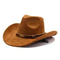 Macro view of a brown suede western cowboy hat featuring a golden feather charm detail - Brown (2 Styles Of Suede) / M (56-58cm)