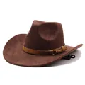 Classic vintage brown suede cowboy hat with stylish belt buckle and adjustable interior strap - Coffee Brown (3 Styles Of Suede) / M (56-58cm)