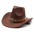 Close-up of brown suede western cowboy hat with decorative bull skull leather band - Coffee Brown (5 Styles Of Suede) / M (56-58cm)