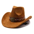 Close-up of brown suede cowboy hat featuring a leather band with a vintage steer head buckle. - Brown (5 Styles Of Suede) / M (56-58cm)