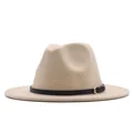 Close-up view of a beige suede jazz hat featuring a black leather band buckle detail - Beige (black Leather Belt) / M (56-58cm)