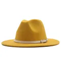 Detailed side view of a vibrant yellow suede fedora jazz hat with white buckle belt band - Yellow (white Belt) / M (56-58cm)