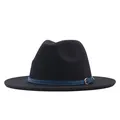 Detail view showing the texture of a black suede fedora with a blue buckled faux leather band. - Black (navy Blue Leather Belt) / M (56-58cm)