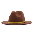 Detailed side view of a vintage brown suede fedora with a stylish yellow buckled strap. - Brown (yellow Belt) / M (56-58cm)