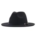 Detail of a black suede fedora hat featuring a stylish leather band and golden buckle. - Black (black Belt) / M (56-58cm)